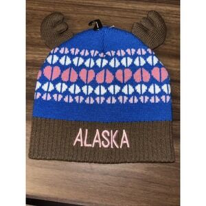 New Alaska Youth Winter Moose Ears Beanie Hat Toboggan Blue Brown Embroidered